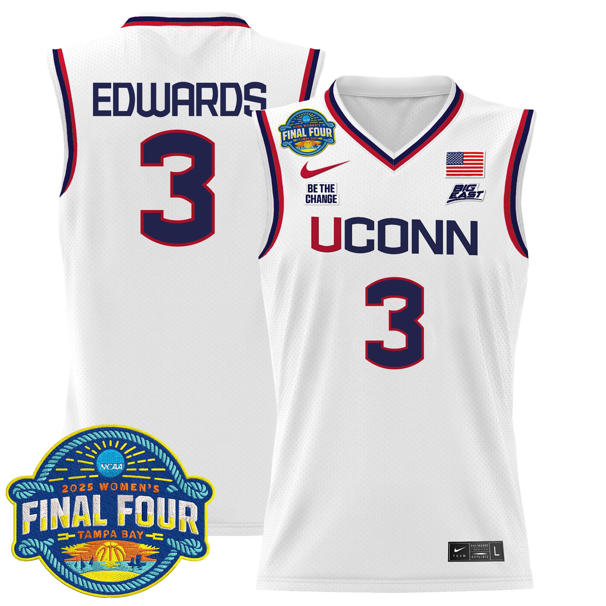 Men UConn Huskies #3 Edwards White Nike 2025 Big Eat Final Four Patch Lightweight Basketball NCAA Jersey